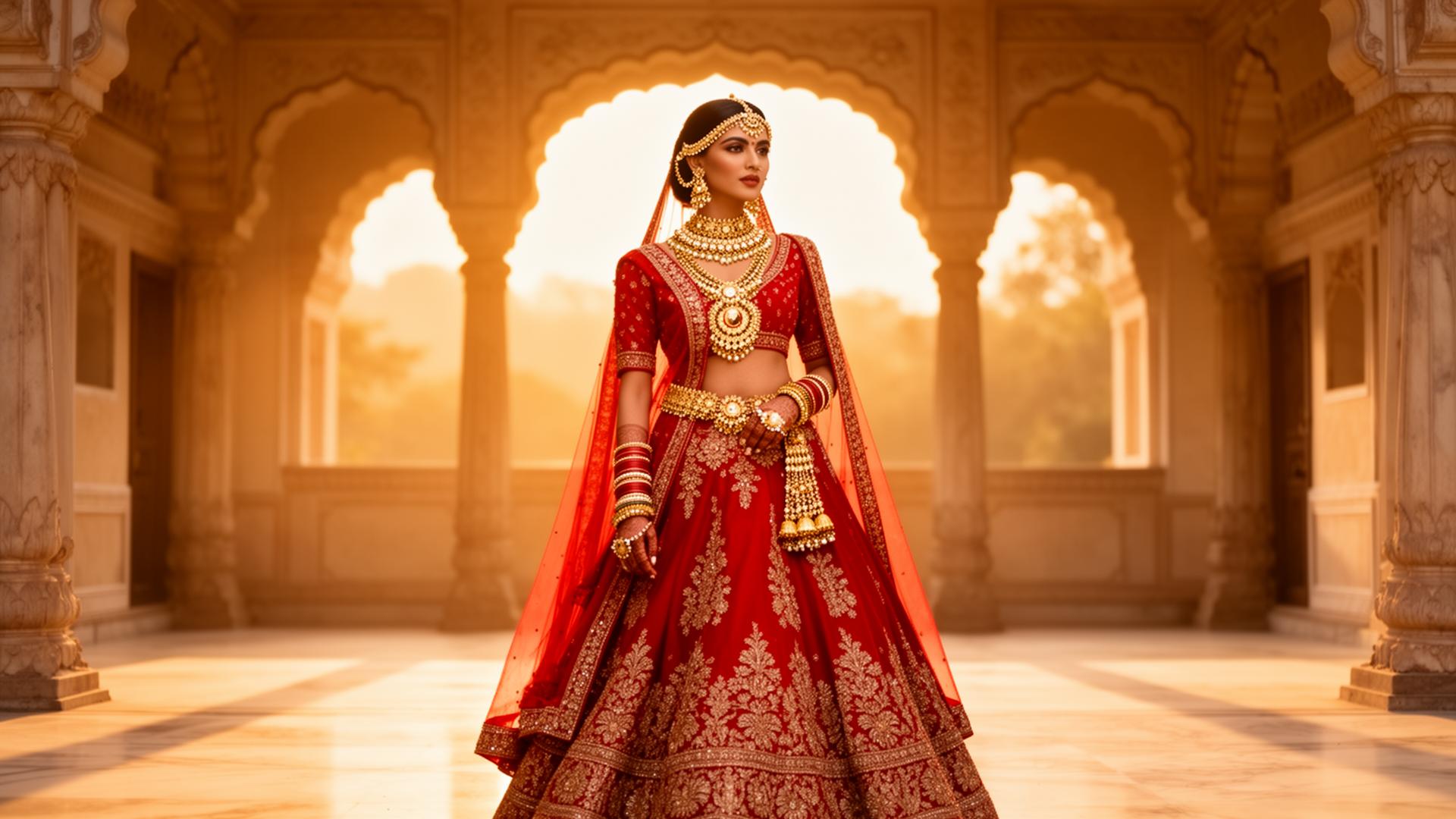 Indian bride in heavy bridal gold jewellery at golden hour
