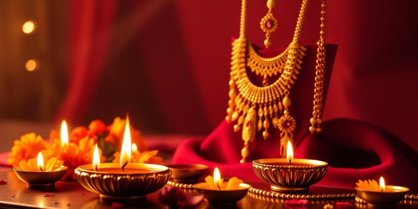 Festive Diwali jewellery with diyas and marigolds